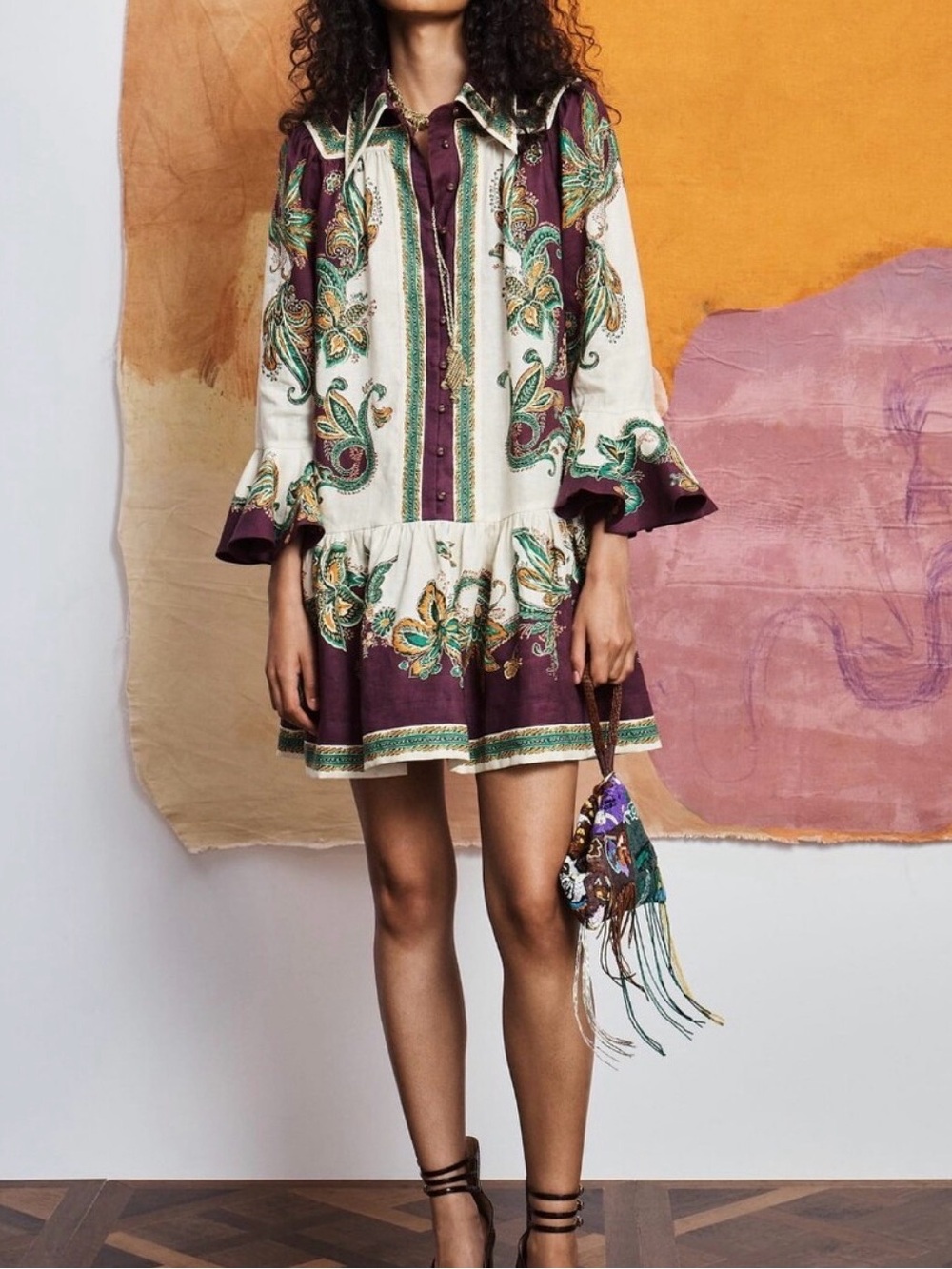 Alemais Ruthie Printed Linen Drop-Waist Mini Shirtdress